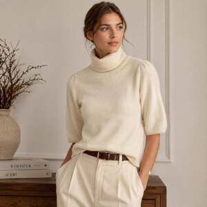 Beth Bowley Women's SZ S 100% Cashmere Turtleneck 3/4 Sleeve Sweater Ivory